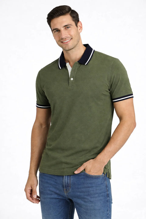 OLIVE GREEN STRIPED COLLAR PIQUE MEN’S POLO T-SHIRT 531