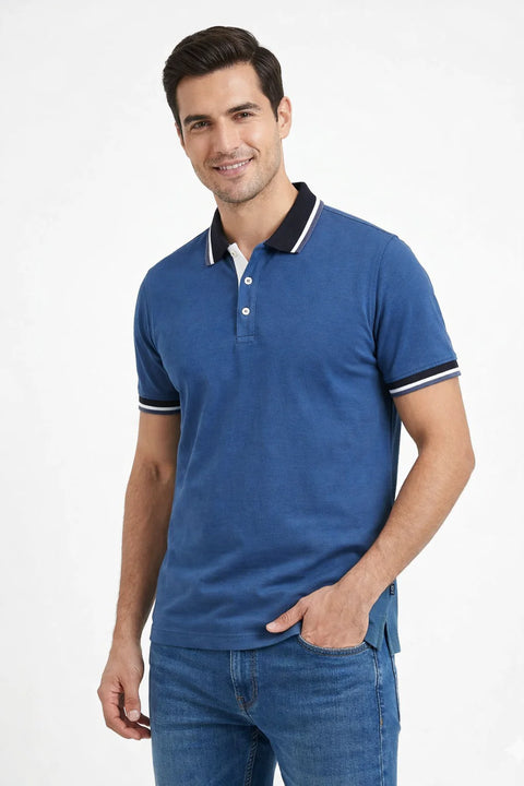 ROYAL BLUE STRIPED COLLAR PIQUE MEN’S POLO T-SHIRT 531