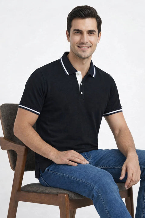 NAVY BLUE PREMIUM PIQUE POLO T-SHIRT WITH CONTRAST COLLAR 538