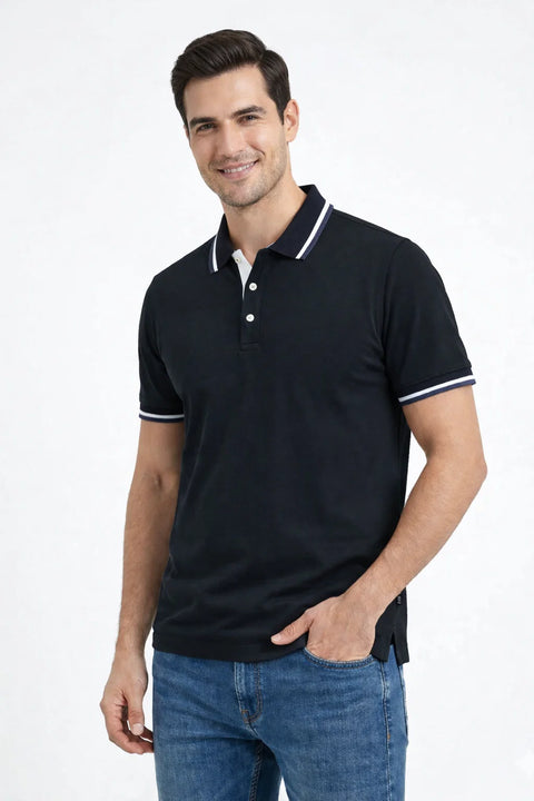 NAVY BLUE PREMIUM PIQUE POLO T-SHIRT WITH CONTRAST COLLAR 538