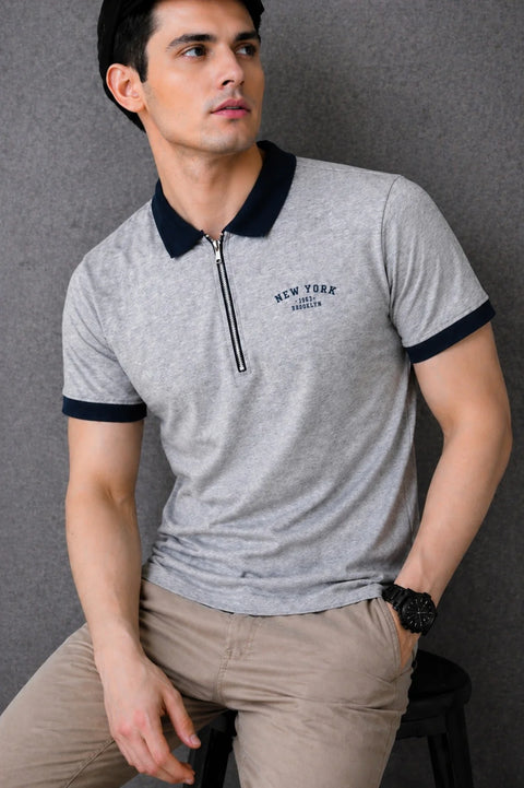 GREY ZIPPER POLO COMBED TERRY MEN’S T-SHIRT WITH BLACK COLLAR 546