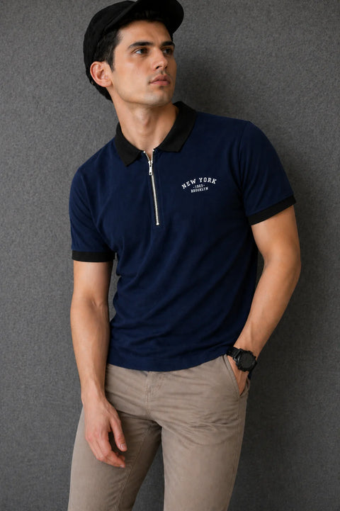 MIDNIGHT NAVY ZIPPER POLO COMBED TERRY MEN’S T-SHIRT WITH BLACK COLLAR 538