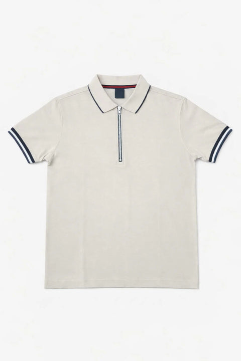 LIGHT GREY ZIPPER STYLE PIQUE POLO T-SHIRT WITH CONTRAST CUFFS 533