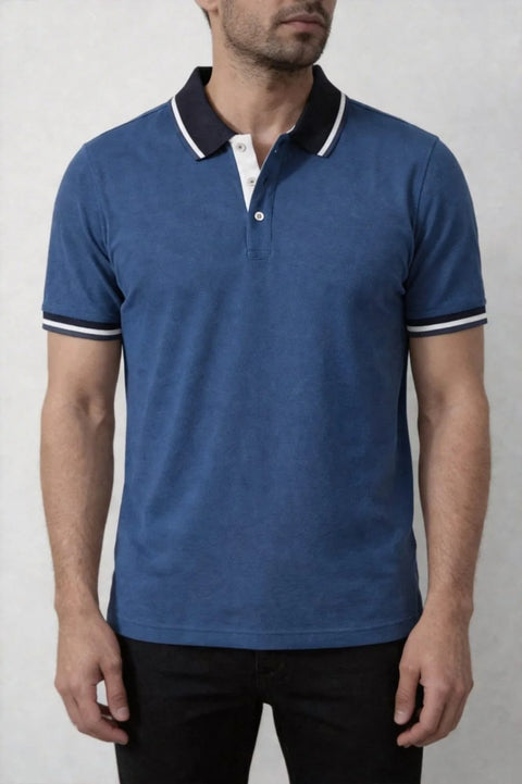ROYAL BLUE STRIPED COLLAR PIQUE MEN’S POLO T-SHIRT 531