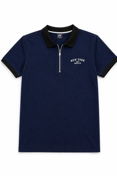 MIDNIGHT NAVY ZIPPER POLO COMBED TERRY MEN’S T-SHIRT WITH BLACK COLLAR 538