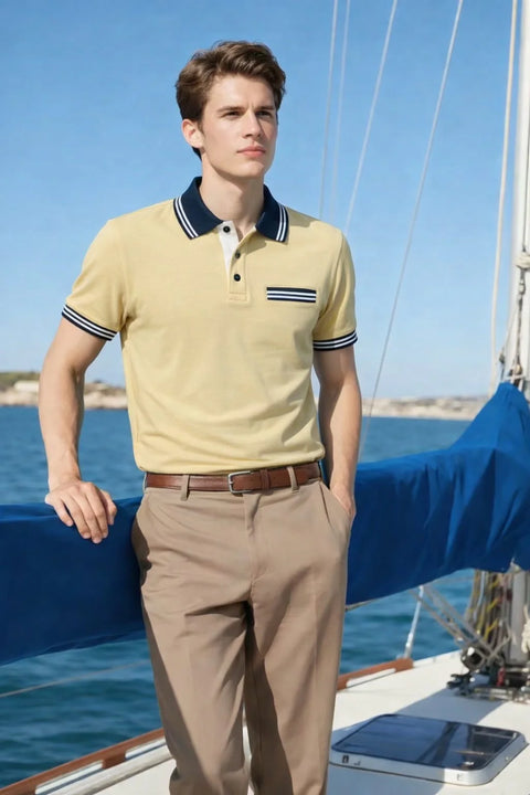 LIGHT YELLOW PREMIUM JERSEY POLO T-SHIRT WITH CONTRAST COLLAR FOR MEN 537
