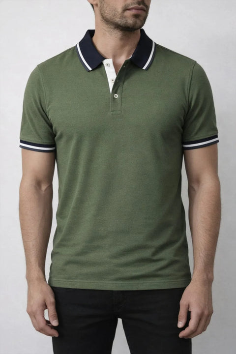 OLIVE GREEN STRIPED COLLAR PIQUE MEN’S POLO T-SHIRT 531