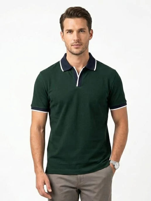 DEEP GREEN CONTRAST TRIM PIQUE MEN’S POLO T-SHIRT 532