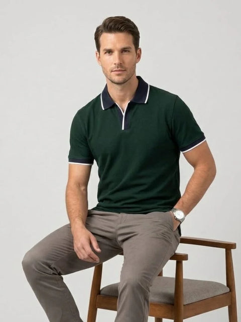 DEEP GREEN CONTRAST TRIM PIQUE MEN’S POLO T-SHIRT 532