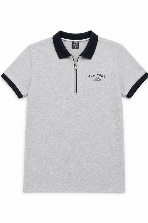GREY ZIPPER POLO COMBED TERRY MEN’S T-SHIRT WITH BLACK COLLAR 546