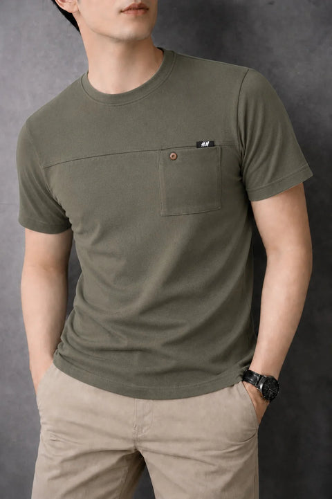 Olive Green Chest Line Pocket Men's T-Shirt