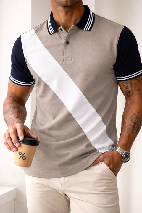 MEN'S BEIGE CONTRAST STRIPE PREMIUM PIQUE POLO T-SHIRT 533